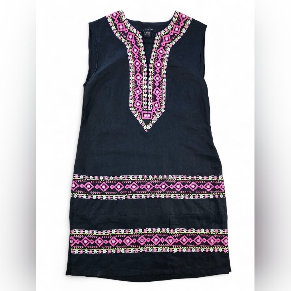 Silkland Linen Embroidered Tunic Top Black Pink Floral Boho Resort Style Sz 10